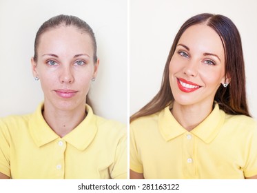 Comparison Of Photos Before And After Makeup And Hairstyling