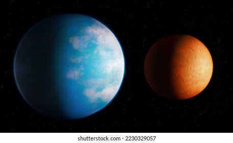 Comparison of a planet similar to Earth with a planet similar to Mars. A blue planet where life is possible next to a desert dry planet. Composite image. - Shutterstock ID 2230329057