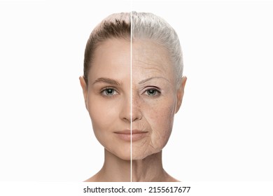 Comparison. Portrait Of Beautiful Woman With Young Smooth And Old Wrinkled Skin. Aging And Youth Concept, Beauty Treatment And Lifting. Before And After. Process Of Aging And Rejuvenation