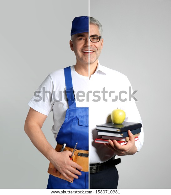 Comparison portrait of man in uniforms of\
different professions on grey\
background