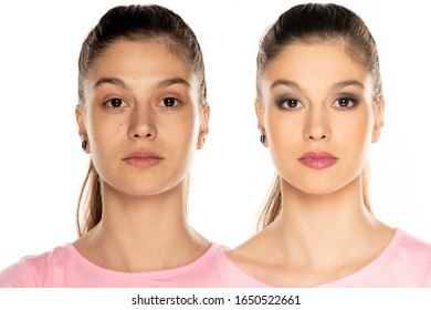 Comparison Portrait Of Same Woman Before And After Makeover On White Background