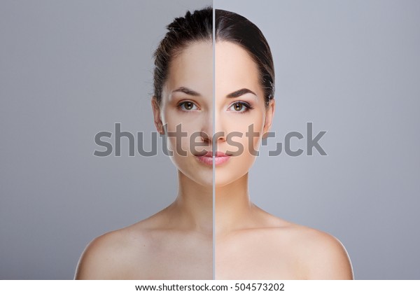 Comparison portrait of woman. Divided face of woman with\
perfect skin. One half of face without make-up, before. Another\
half of face with make-up, after. Studio, head and shoulders,\
indoors 