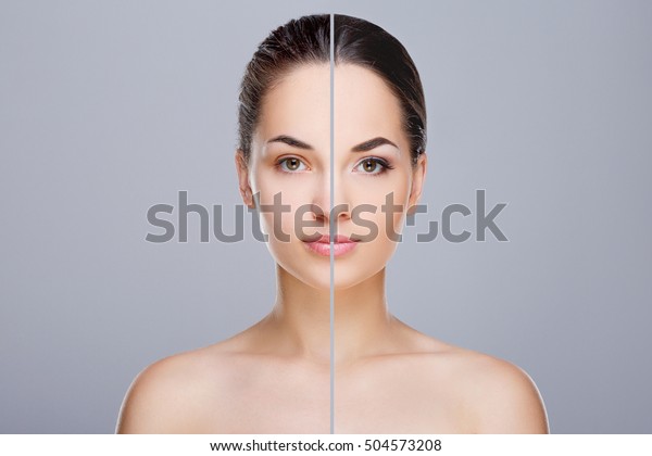 Comparison portrait of woman. Divided face of woman. One\
half of face with retouch and without make-up, before. Another half\
of face with make-up, after. Studio, head and shoulders, indoors\

