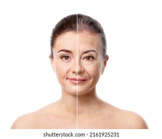Comparison portrait of woman on white background. Process of aging - Shutterstock ID 2161925231