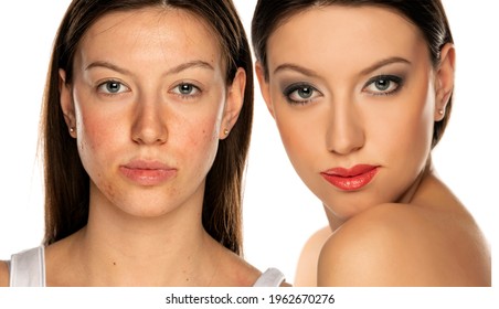 Comparison portrait of a woman without and with makeup on white background