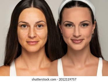 Comparison portrait of a woman without and with makeup on a gray background