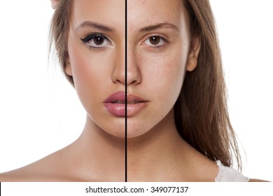 Comparison portrait of a woman without and with makeup