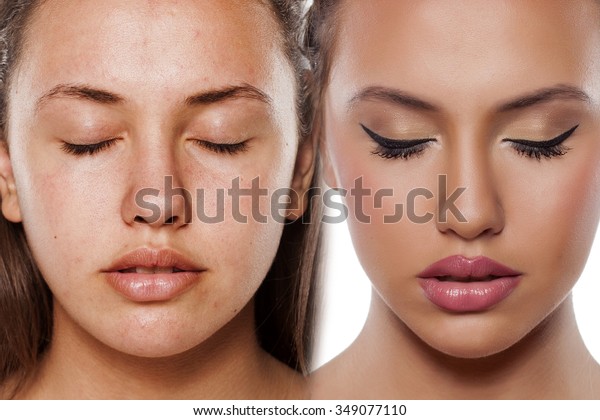 Comparison\
portrait of a woman without and with\
makeup