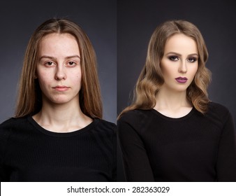 Comparison Portraits Without And With Make-up And Retouch