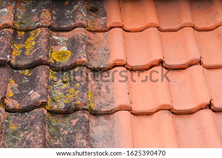 Comparison roof top before and after cleaning moss lichen high pressure water cleaner tile