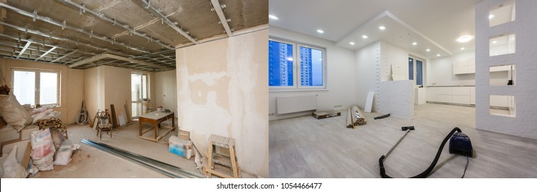 Comparison of a room in an apartment before and after renovation new house - Shutterstock ID 1054466477