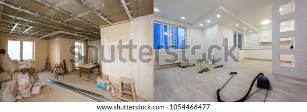 Comparison of a room in an apartment before and\
after renovation new\
house