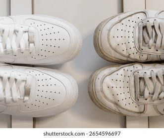 Comparison of the same model of shoes after a few years of use after buying new ones
