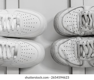 comparison of the same model of sneakers after a few years of use after buying new ones in black and white