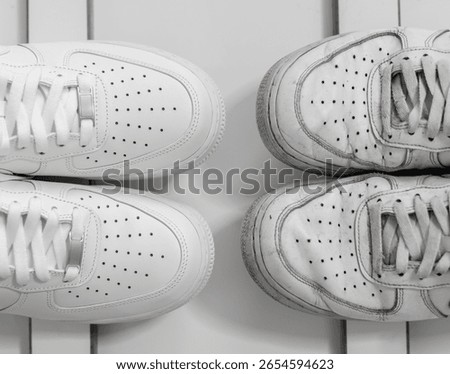 comparison of the same model of sneakers after a few years of use after buying new ones in black and white
