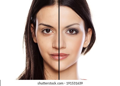 Comparison side by side portrait of a girl without and with makeup