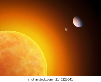 Comparison of the sizes of a star, a rocky planet and a gas giant. The sun, the earth and the giant planet. 