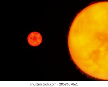 Comparison Of The Sizes Of The Sun And The Red Dwarf. Yellow And Red Star Star On A Black Background.