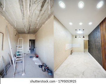 Comparison Snapshot Of A Big Beautiful Room In A Private House Before And After Reconstruction, Messy Room With Empty Grey Walls Vs New Clean Shiny Interior