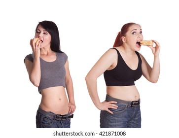 Comparison Of Thin Woman Eating An Apple And A Fat One With A Cake. Before And After Weight Loss. Rejuvenation.  Concept Diet Food. 