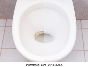 Comparison Toilet bowl before and after cleaning in bathroom. Toilet bowl with hard stain difficult to clean.