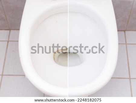 Comparison Toilet bowl before and after cleaning in bathroom. Toilet bold with hard stain difficult to clean.