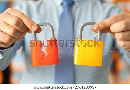 A comparison of two security systems using a broken and intact padlock as an example. Cybersecurity risks and protection levels are revealed. Vulnerability assessment highlights data safety