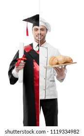 Comparison Of University's Graduate Chef's Outlook. Student Wearing Black And Red Graduation Gown, Keeping Diploma. Chef Wearing White Chef's Tunic, Holing Porcelian Plate With Fresh Baked Croissants.