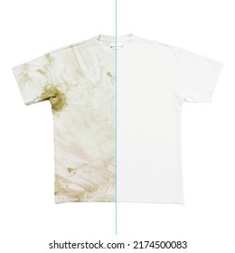 Comparison of white t-shirt before and after using laundry detergent or bleach on white background - Shutterstock ID 2174500083