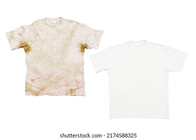 Comparison of white t-shirt before and after using laundry detergent or bleach on white background