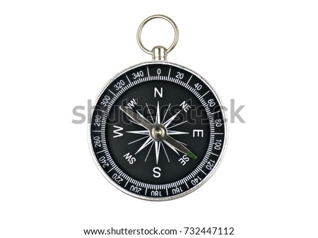 compass isolated on white background. Shape black circle stainless numbers and miles directions.Concept signs symbols Tool for travel, tourism,science,get lost, business and design and decoration.