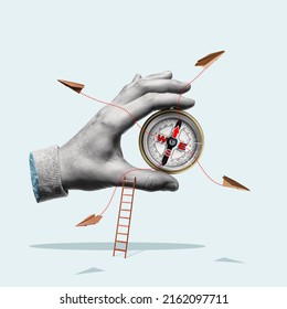 Compass in a man's hand. Business development in different directions. Art collage.