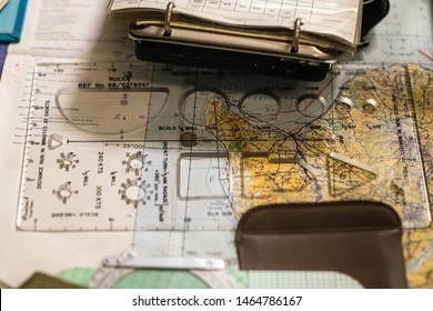 Compass, Notes, Protractor And Map From WW2 Map Room. Orienteering Equipment.