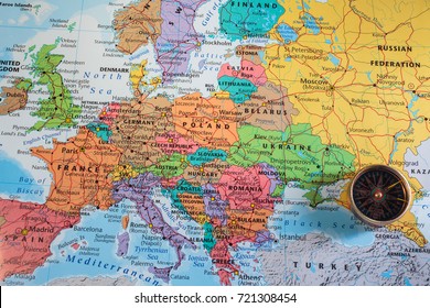 Compass On The Map Of Europe