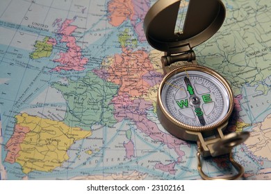 A compass on the map of the European continent. - Shutterstock ID 23102161