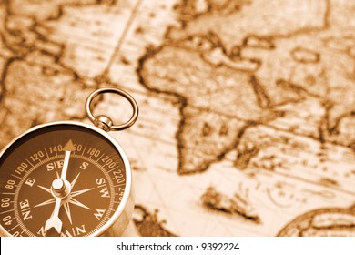 compass on the old map - Shutterstock ID 9392224