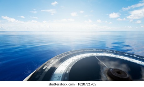 Compass On Ship Boat Blue Summer Sea Ocean Day With Bright Sky. Marine Navigation Cruise Background Banner. Shipping Industry Concept.