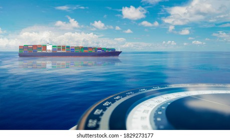 Compass On Ship Boat Blue Summer Sea Ocean Day With Bright Sky. Marine Cruise Background Banner.Shipping Industry Concept.