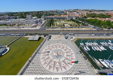 Compass Rose And Mappa Mundi In Front Of Monument To The Discoveries (Portuguese: Padrao Dos Descobrimentos) At Belem District, Lisbon, Portugal. The Huge Compass And Map Is A Gift From South Africa.