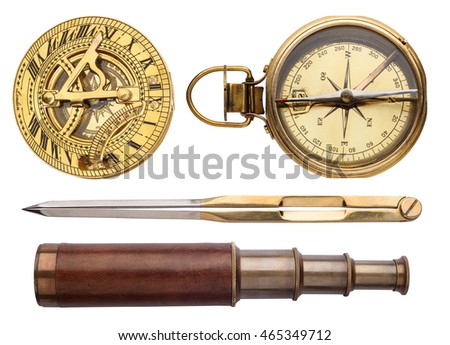 Compass, sundial, telescope, divider isolated on white background. Vintage sea collection. 