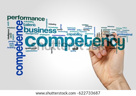Competency word cloud concept on grey background.
