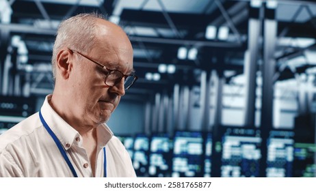 Competent professional in data center, solving tasks on tablet while running scripts on laptop terminal. Skillful developer amidst servers, accessing databases and manipulating lines of code, close up
