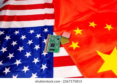 Competition between two countries for technological domination, microchips in the middle of the usa and china flag.