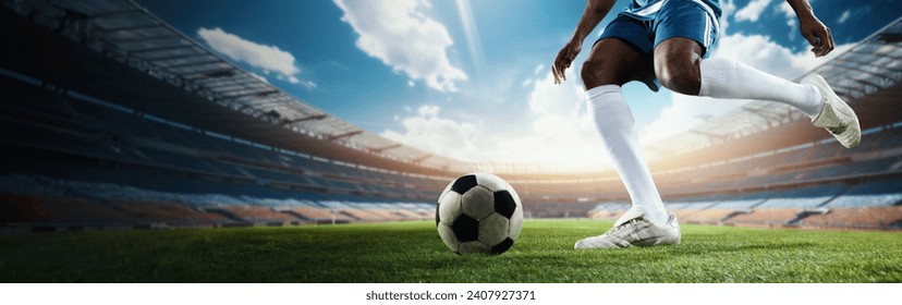 Competitive young African man, football player training before game. Cropped image of male legs hitting ball on 3d sport outdoor arena. Concept of sport, game, competition, championship. 3D render - Powered by Shutterstock