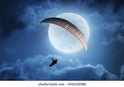 Compilation Photo Of A Moon And Someone Paragliding From Rhossili Down On The Gower Peninsula, South Wales.