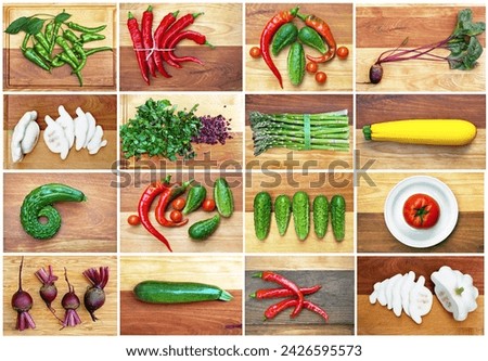 Compilation of various vegetables including peppers, pickles, cucumbers, red beets, asparagus, pattypan squash, tomatoes and, zucchini.