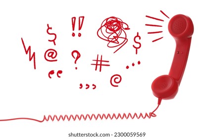 Complaint. Red corded telephone handset and different illustrations on white background