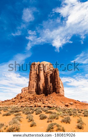 Complementary colours blue and orange in this iconic view of Monument Valley, USA