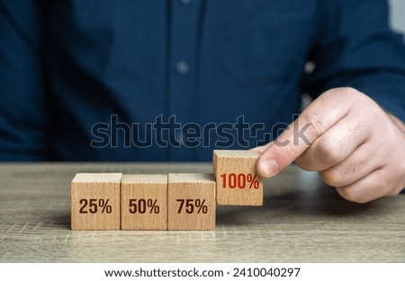 Complete 100% percent progress. Evaluation of the quality of services and satisfaction. Make an assessment. Completion of the mission task. Max rate. Maximum efficiency. Reach the highest level.