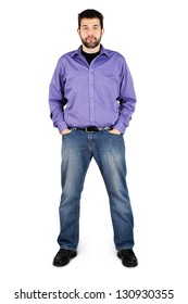 Complete Body Shot Of A Tall Caucasian Man In Jeans Over White